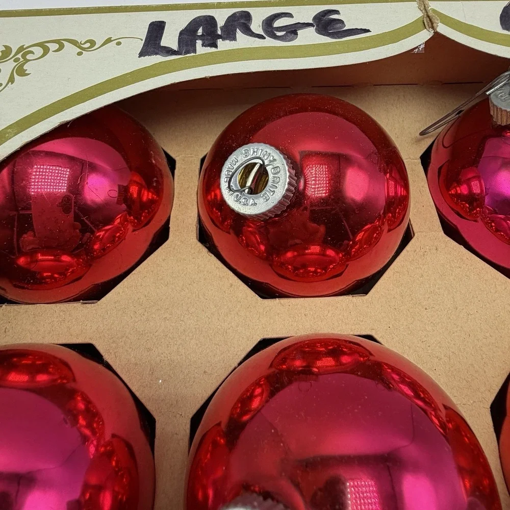 Vintage Shiny Brite Pink Red Glass Christmas Ornaments Set of 12 in Box Read